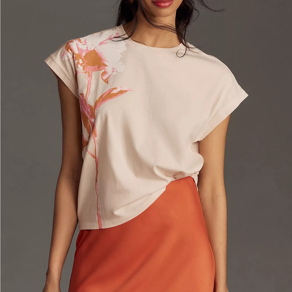 Anthropologie Cream Floral Short Sleeve Tee with Pink & Orange Accents